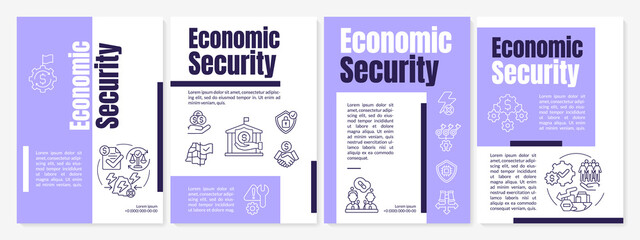Economic security regulation purple brochure template. National safety. Leaflet design with linear icons. 4 vector layouts for presentation, annual reports. Anton, Lato-Regular fonts used