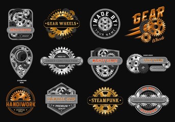 Wall Mural - Set of color vintage label with black, gold, copper, silver steel gears, metal rails, rivets, text. Emblems in steampunk style on black background. Good for craft design.