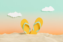 Flip Flops On Beach Sand With Sunset Studio Background