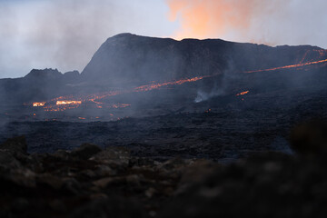 Poster - Scenic view of lava in the Fagradalsfjall volcano in Iceland on cloudy sky background