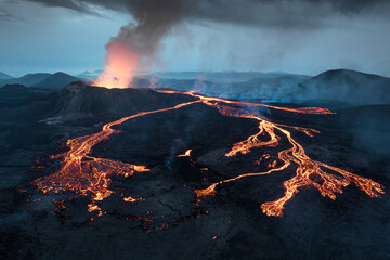 Poster - Scenic view of lava in the Fagradalsfjall volcano in Iceland on cloudy sky background