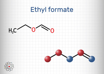 Ethyl formate, ethylformate,  ethyl methanoate, formic ether molecule. It is formate ester derived from formic acid and ethanol.. Structural chemical formula, molecule model. Sheet of paper in a cage