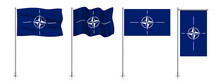 Vector Set Of NATO Flags On A Metallic Pole, Isolated On A White Background.