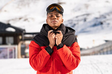 African American Skier In The Mountains Of Spain