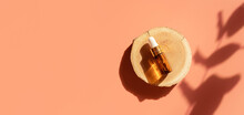 Amber Glass Dropper Bottle On Woodcut In The Sunlight With Eucalyptus Flower Shadows. Top View. Luxury And Natural Cosmetics Presentation. Testers, Beauty Samples Perfumery Concept. Web Banner