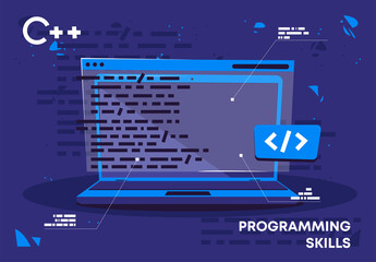vector illustration of laptop programming skills, programming languages