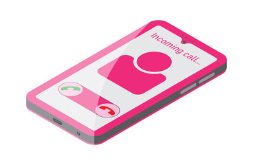 3d pink mobile phone isometric vector illustration with incoming call sign. Colorful smartphone illustration with reflection to use in communication, business, connection, digital technology projects.