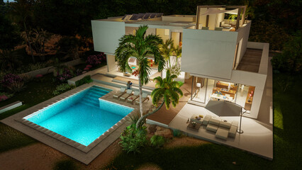Poster - Luxury modern  villa with pool at dusk