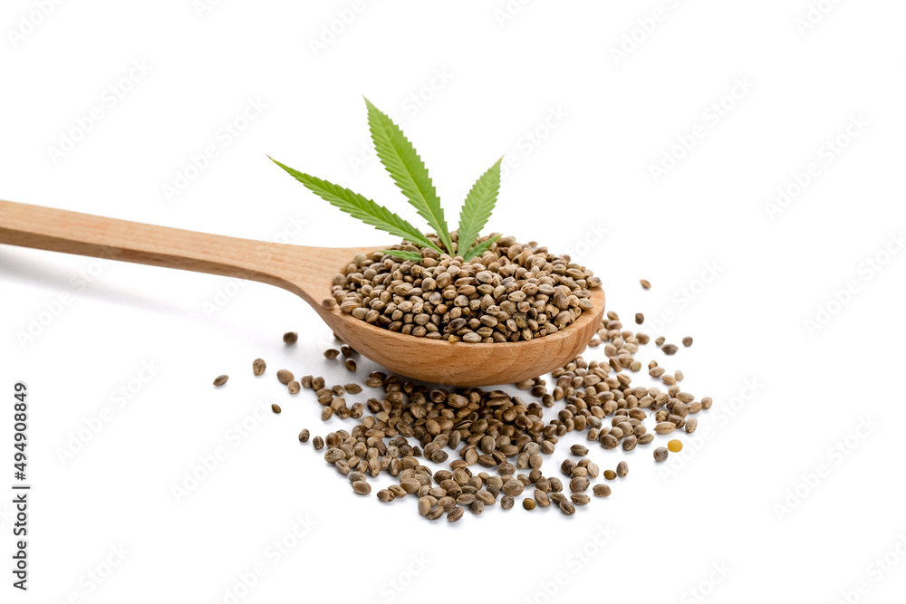 Spoon with hemp seeds on white background