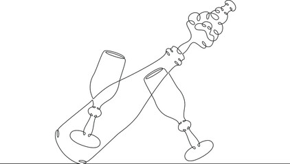 Wall Mural - One continuous line.The cork flies out of a bottle of champagne.Bottle of wine and glass.Alcohol and wine glasses.Champagne cork flies out of the bottle of sparkling wine.Continuous line drawing