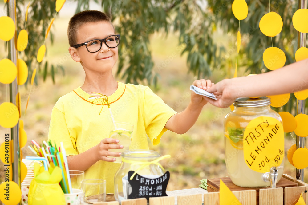 Cute boy selling lemonade in park