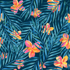 Wall Mural - Floral tropics seamless pattern, watercolor palm leaves and exotic plumeria flowers, dark background 