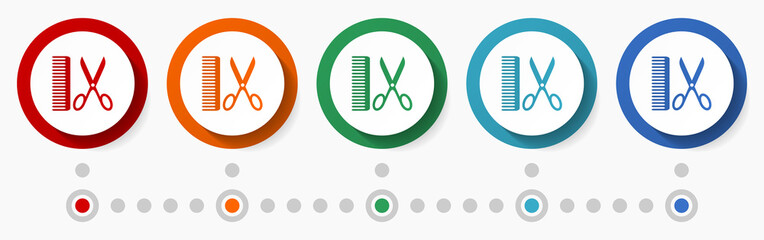 Poster - Barber, hairdresser concept vector icon set, flat design colorful buttons, infographic template in 5 color options