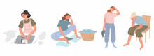Set Different Woman Loaded With Household Duties. A Sad, Tired Young Girl Is Sorting Dirty Laundry, Washing Dishes. An Unhappy Housewife Tired Of Housework. Vector Cartoon Flat Illustration.
