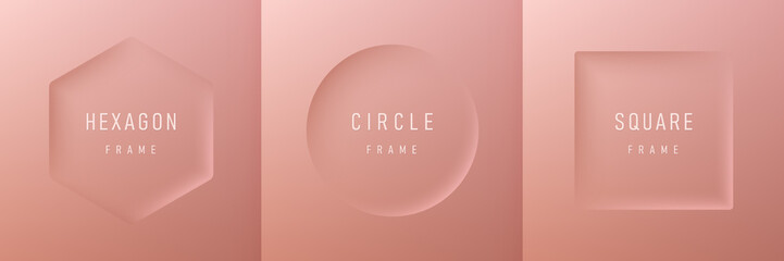 Wall Mural - Set of realistic 3d geometric hexagon, circle and square frame on luxury pink gold background. Collection of Minimal frames background with copy space. Top view for product display. Light and Shadow.