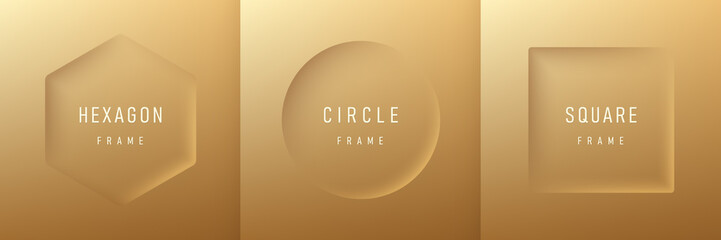 Wall Mural - Set of realistic 3d geometric hexagon, circle and square frame on luxury golden background. Collection of Minimal frames background with copy space. Top view for product display. Light and Shadow.