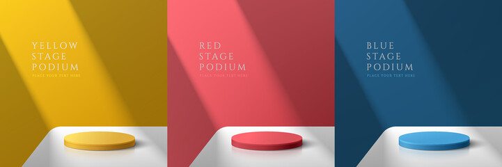 Canvas Print - Set of yellow, dark blue and red realistic 3d cylinder pedestal podium on white table in abstract rooms. Vector rendering geometric forms. Colorful minimal scene. Stage for showcase, Product display.