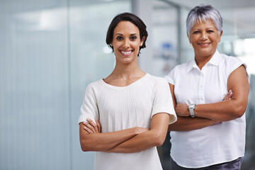 Sticker - Confident in our capabilities. Portrait of two businesswomen posing in their office together.