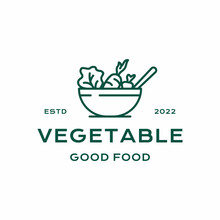 Line Art Vegetable Salad, Healthy Food, Fresh Salad Ingredients In Bowl Logo Design Vector Illustration