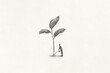 Illustration of business man growing big plant, surreal abstract concept