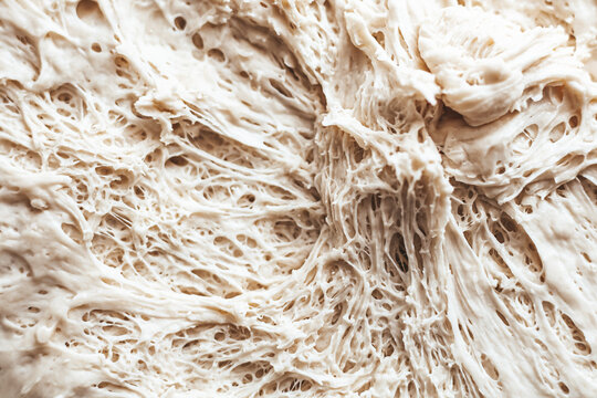 bubble dough on sourdough, kneading baking, close-up.