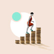 © svetazi - The businesswoman climbs the stacks of coins, art collage. Success and innovation in the financial sector.