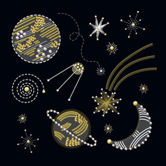 Wall Mural - Planet, stars, comets in sequins and embroidery isolated.