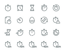 Timers Icons Set. Such As Stopwatch, Hourglass, Kitchen Timer, Alarm Clock And Others. Editable Vector Stroke