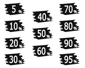 sales tags. discounts of 5, 10, 20, 30, 40, 50, 60, 70, 80, 90 and 95%. vector in black