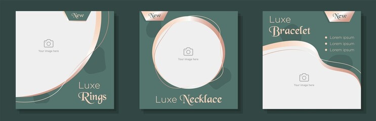 Poster - Women's fashion jewelry social media post, banner set, luxe jewelry shop advertisement concept, rings, necklace marketing square ad, abstract print, isolated on background