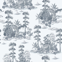 Monochrome Seamless Pattern With Jungle And Animals. Vector Interior Print.