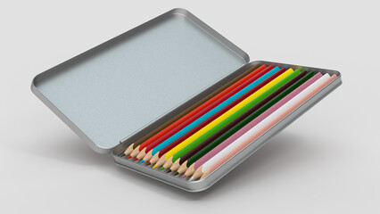 Wall Mural - 3D rendering of a row of pencils in rainbow colors in open silver box isolated on white background