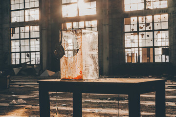 Sticker - Scenic shot of a wooden table in the middle of the dark, abandoned building