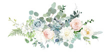 Classic Pink Rose, White Peony, Orchid Flowers, Blue Succulent, Dahlia, Eucalyptus, Fern, Greenery Vector