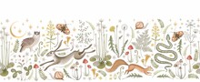 Seamless Border Fairy Forest. Moon, Stars, Hare, Squirrel, Owl, Flowers And Mushrooms On A White Background. 