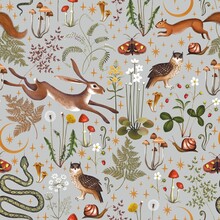 Fairy Forest Seamless Pattern. Moon, Stars, Hare, Squirrel, Owl, Flowers And Mushrooms On A Grey Background. 