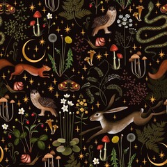 fairy forest seamless pattern. moon, stars, hare, squirrel, owl, flowers and mushrooms on a black ba