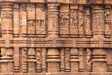 Intricate Sculptures Stone Carving On The Walls Of The Ancient Hindu Sun Temple In Konark, Orissa