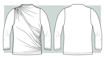 Wall Mural - Long sleeves high-neck t-shirt with ruffles. Technical sketch.