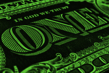 Wall Mural - american paper money. 1 us dollar banknote. word one closeup. dark green inverted background or back