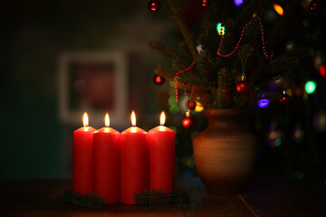 Poster - New year's cozy interior with four burning candles, third advent