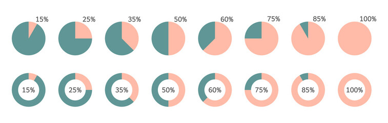 Pie chart percentage icons set. Segment infographic. Circle graph statistic diagram. 25,50,60,75 slice element. Data information. Finance document presentation. Management report. Vector illustration