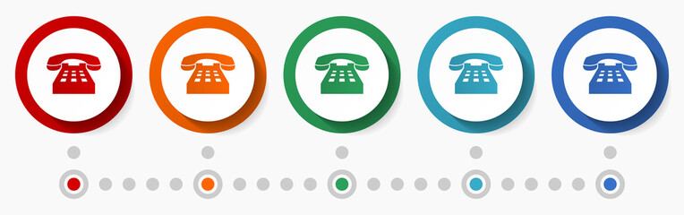 Poster - Phone, call concept vector icon set, flat design colorful buttons, infographic template in 5 color options