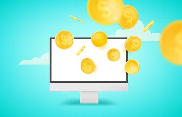 Poster - Receiving income using computer technology. Vector concept with gold coins