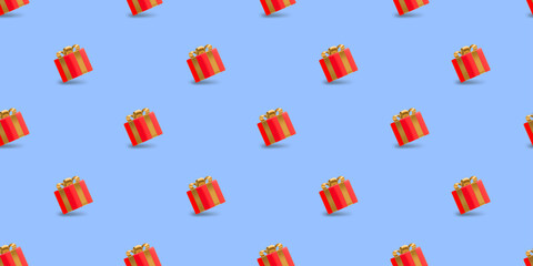 Aufkleber - Seamless background with red gift boxes with golden bow. 3d vector seamless pattern