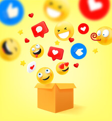 Aufkleber - Open shipping box with flying icons. Social network communication concept. 3d vector illustration