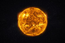 Real Close Up Photo Of The Sun. Burning Star With Plasma Emissions In The Starry Sky. The Sun Star In The Solar System