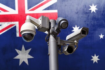 Closed circuit camera Multi-angle CCTV system against the background of the national flag of Australia.