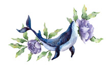 Watercolor Illustration With A Large Blue Whale And Lilac Flowers And Leaves, Peonies, A Whale Mammal, A Marine Animal. Watercolor Poster With A Whale In Flowers.