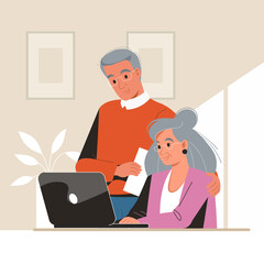 Senior people and technologies concept. Positive mature elderly couple using laptop together learning computer communicating online together vector illustration. Studying computer for elderly people